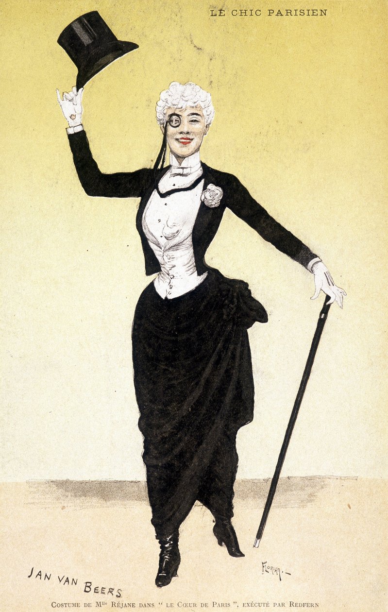 A párizsi sikkes (dandy - dandysme): Mademoiselle Réjane jelmeze a „Párizs szívében”. Jan Van Beers (1852-1927) divattervező jelmeze, kivitelező: Redfern. Flórián rajza. alkotó: Florian