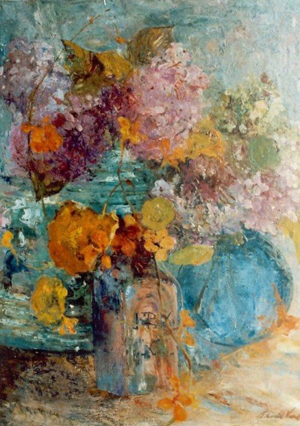 Hortensia és nasturtium üvegvázában alkotó: Floris Verster