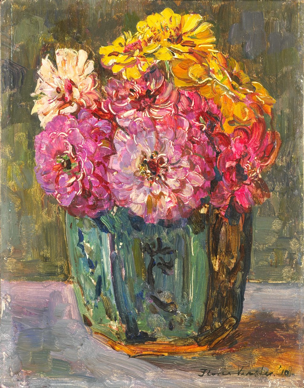 Csendélet zinnivel egy gyömbér edényben. alkotó: Floris Verster