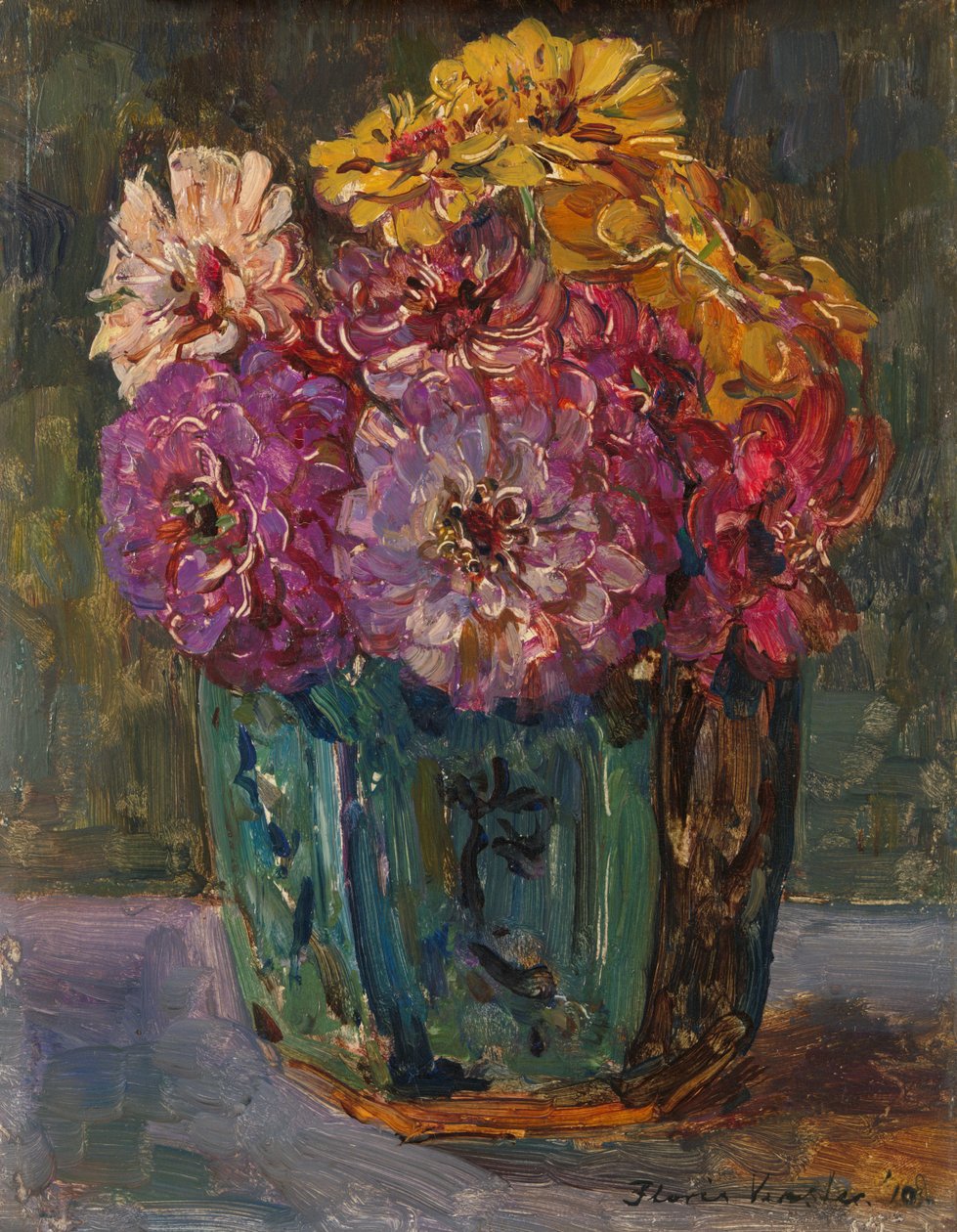 Csendélet Zinniákkal egy zöld tégelyben alkotó: Floris Verster