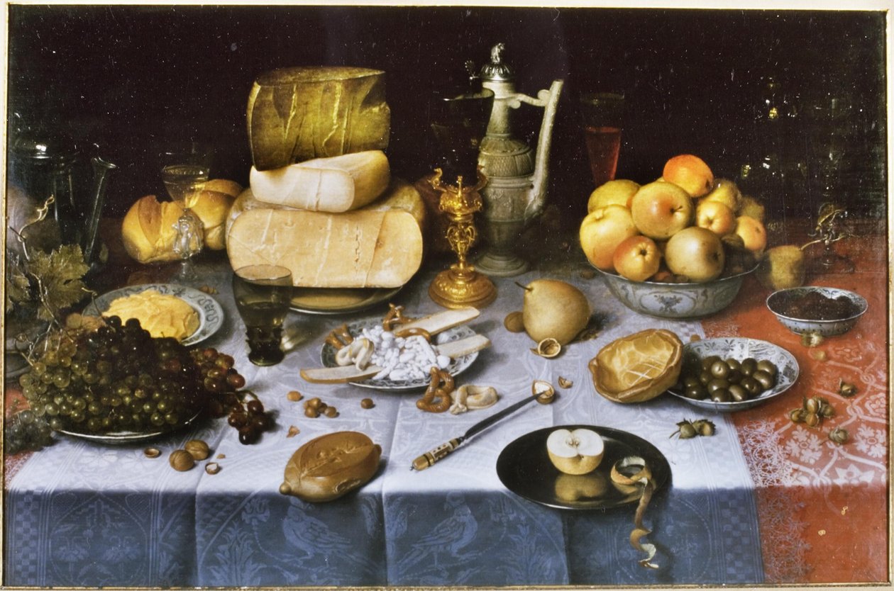 Holland: Csendélet gyümölccsel, sajttal, kenyérrel és borral Terített asztal sajttal és gyümölccsel alkotó: Floris van Dyck
