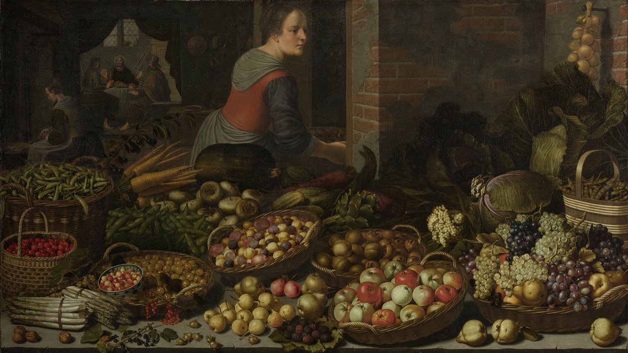 Csendélet gyümölccsel és zöldséggel, Krisztussal az emmausi háttérben, c. 1630 alkotó: Floris Gerritsz van Schooten