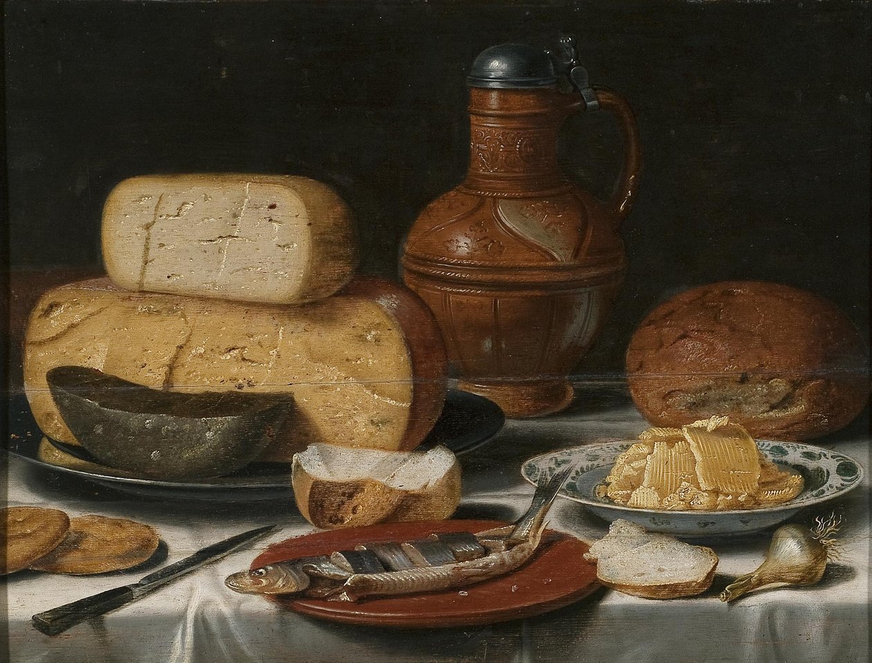 Csendélet sajttal, heringgel, kenyérrel és borral alkotó: Floris van Schooten