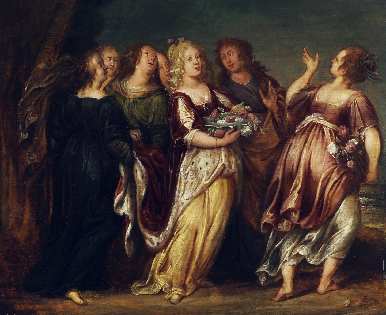Fiatal uralkodó hat lány nyomában, egy tál virággal alkotó: Follower of Abraham Janssens