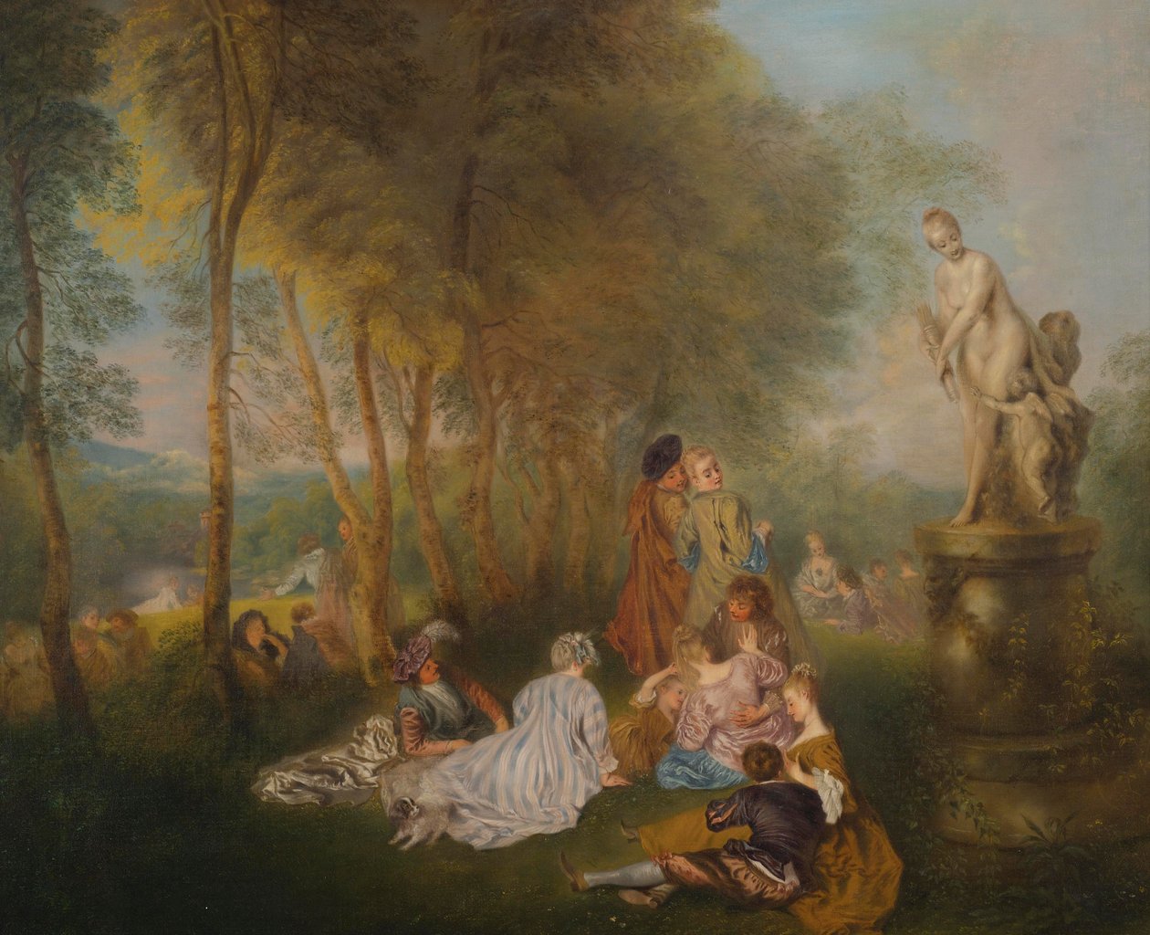 Fête galante Vénusz-szoborral alkotó: Follower of Antoine Watteau