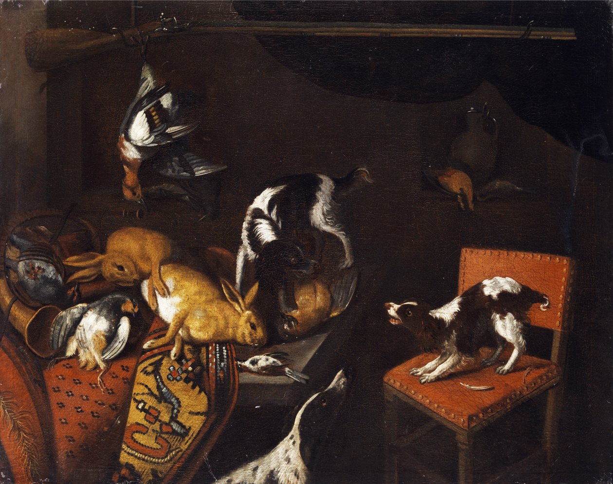 Csendélet döglött nyulakkal és madarakkal, karosszék, vadászkutyák, vadászfegyver alkotó: Follower of Frans Snyders