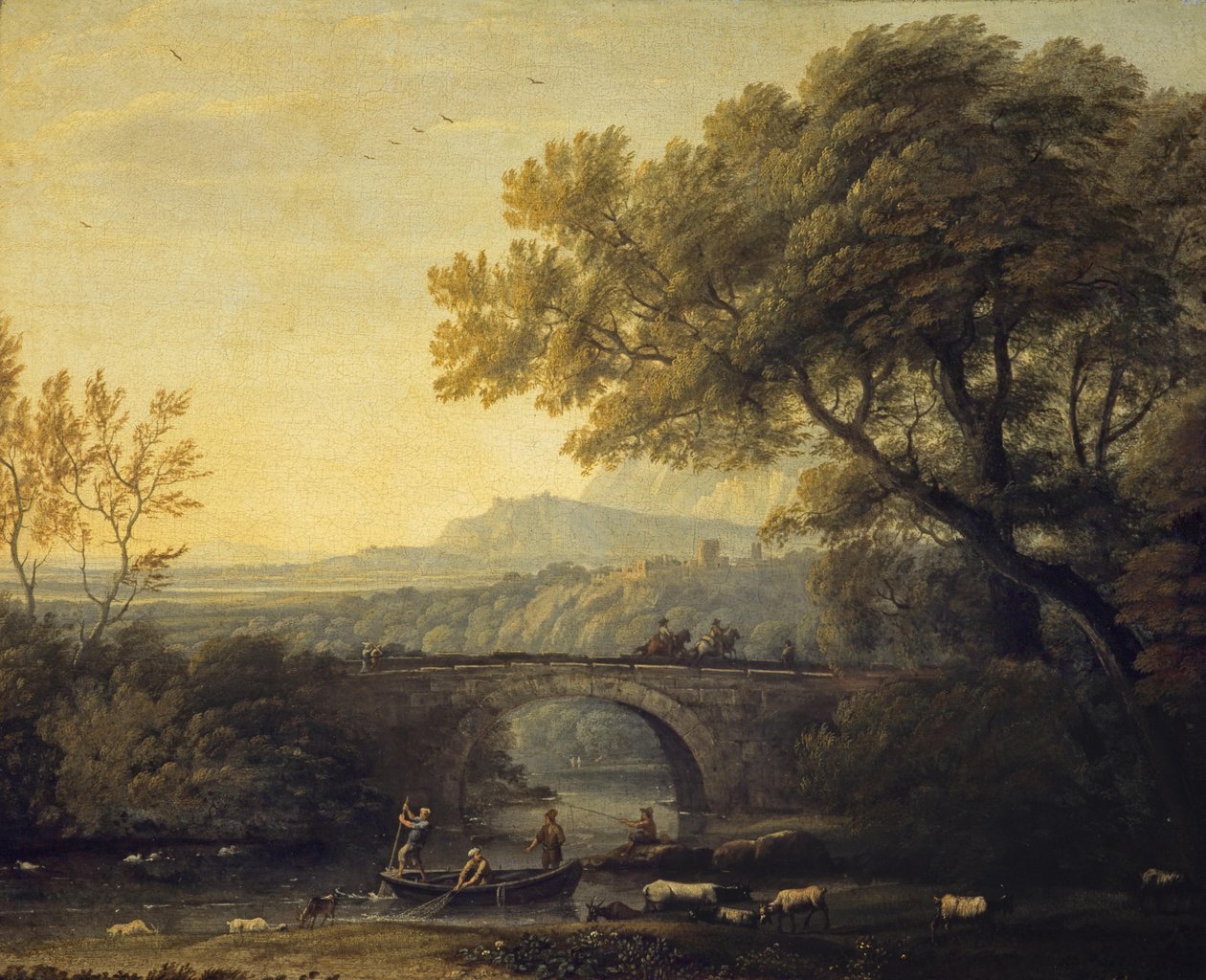 Franciául:  Paysage avec un pont Tájkép egy híddal alkotó: Follower of Claude Lorrain