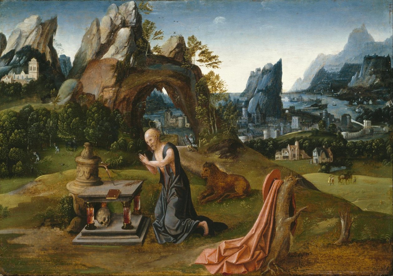 Szent Jeromos imádkozik a tájban alkotó: Follower of Joachim Patinir
