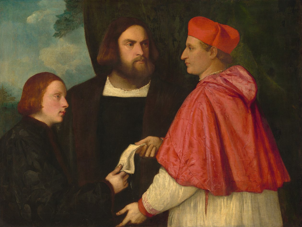 Girolamo és Marco Corner bíboros befekteti Marcót, Carrara apátját a jótevőjébe alkotó: Follower of Titian