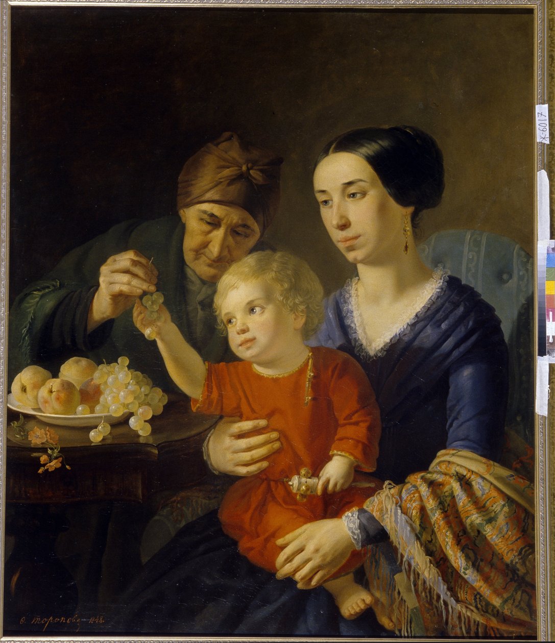 Családi portré. Egy csörgőt tartó baba édesanyja ölében kap egy kis szőlőt a nagymamától. Foma Gavrilovics Toropov (1821-1898) festménye, olaj, vászon alkotó: Foma Gavrilovich Toropov