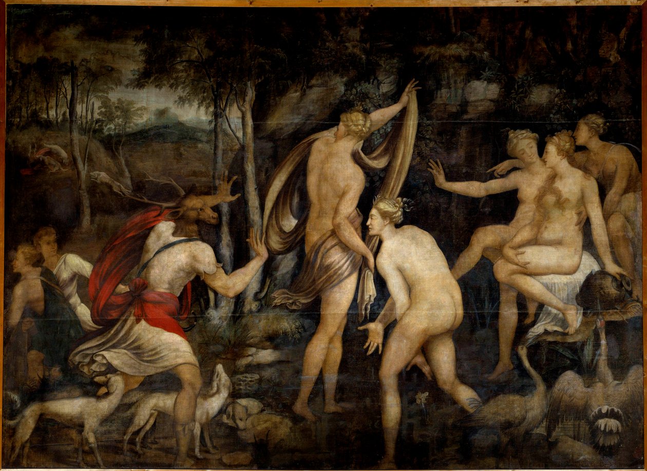 Diane (Artemisz), a vadászat istennője és Acteon, vadász A fontainebleau-i iskola festménye (16. század). Mérete 2,65 x 3,67 m alkotó: Fontainebleau School