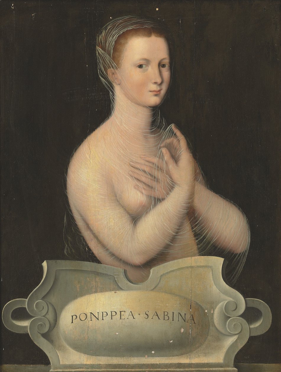 Poppaea Sabina portréja, félalakos, áttetsző fátyolban, kőkartusszal szemben (olaj, tábla) alkotó: Fontainebleau School