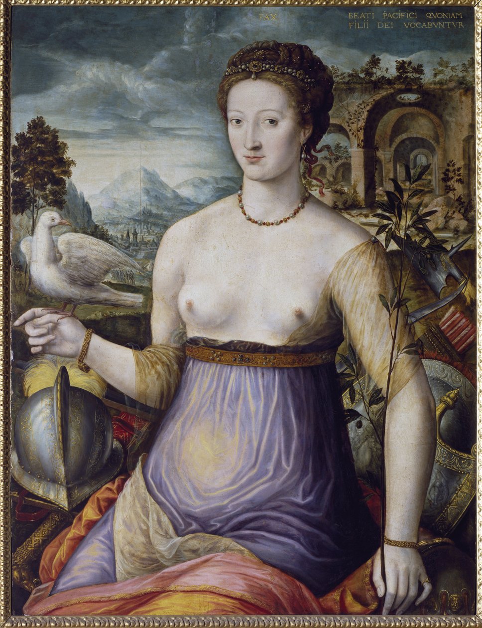 A béke allegóriája, vagy Diane de Poitiers galambot tartva Valentinois Diane de Poitiers hercegnő (1499-1566), II. Henrik francia király kedvence portréja. A fontainebleau-i iskola festménye, XVI. század. Firenze, Museo Nazionale del Bargel alkotó: Fontainebleau School
