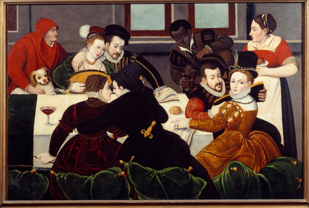 A gáláns étkezés Couples Enlaces, a fekete bőr szolgája. A fontainebleau-i iskola festménye. 16. századi Aix en Provence, Musee Granet alkotó: Fontainebleau School