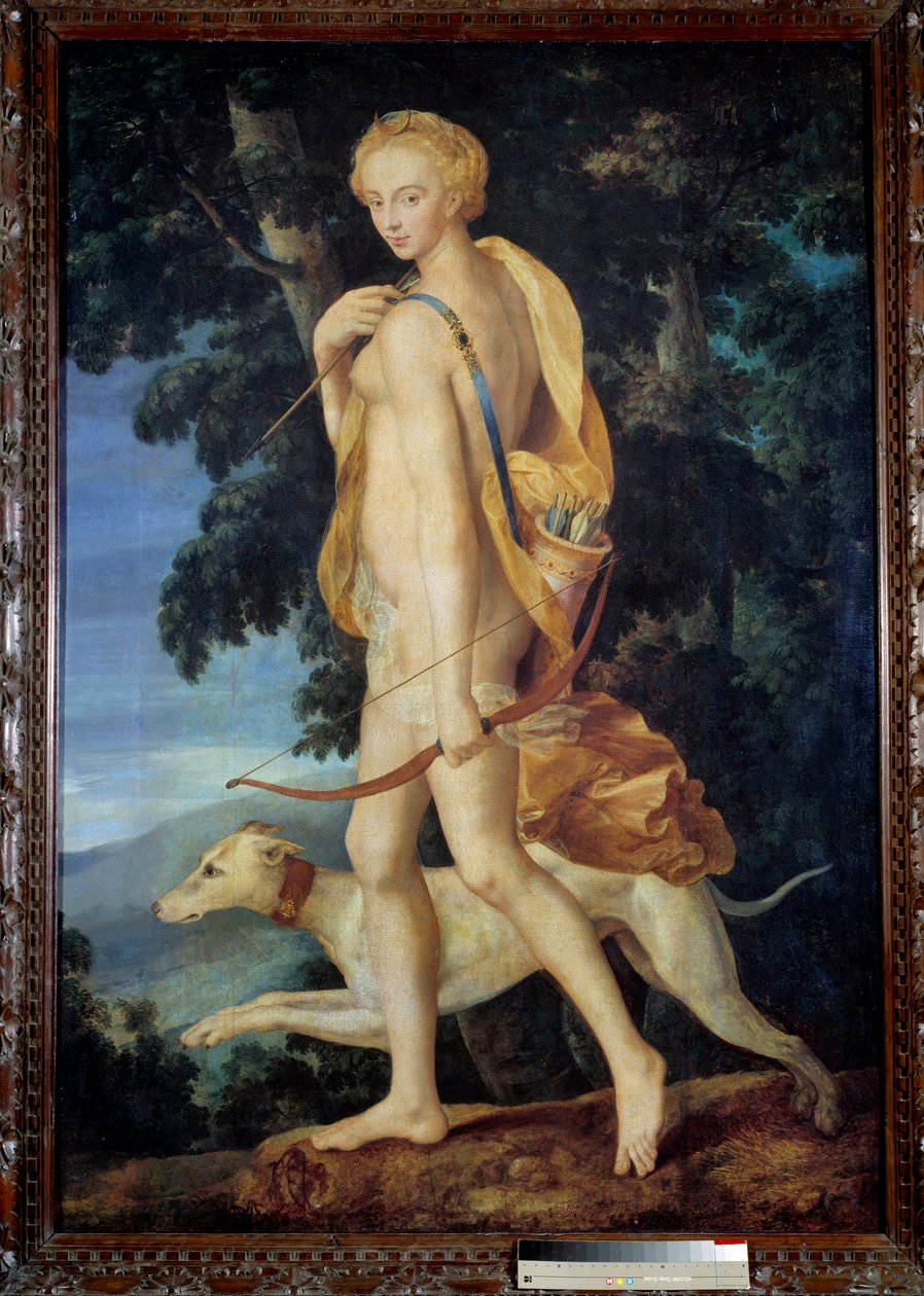 Az íjjal felfegyverzett istennőt egy kutya kíséri. Az Ecole de Fontainebleau festménye. 16. század V. 1,91 x 1,32 m - Diana vadásznő istennő íjjal felfegyverkezve egy kutya kíséretében. A Fontainebleau-i Iskola festménye. 16. század. 1.9 alkotó: Fontainebleau School