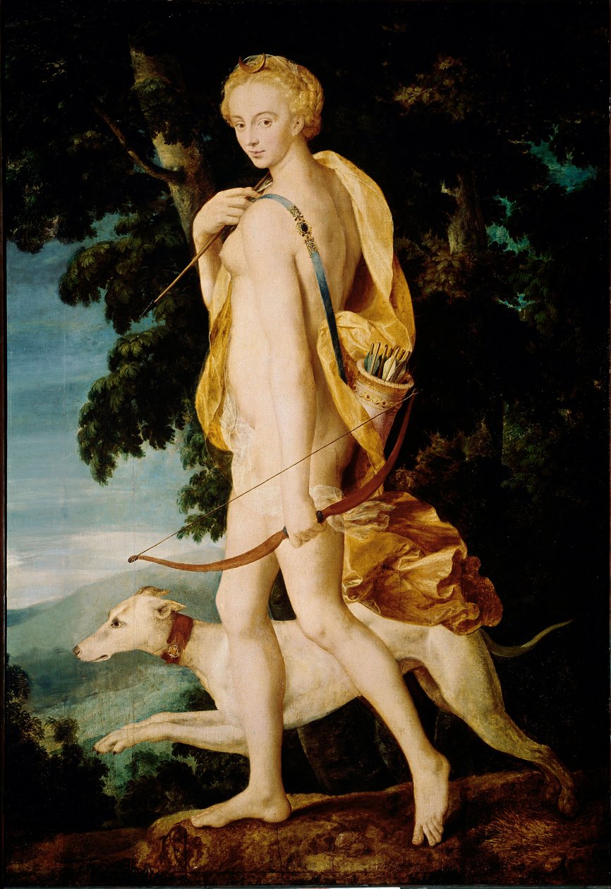 Az íjjal rendelkező istennőt egy kutya kíséri. A fontainebleau-i iskola festménye. 16. század V. 1,91 x 1,32 m Párizs, Musee du Louvre alkotó: Fontainebleau School