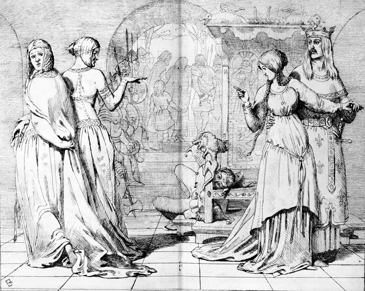 Cordelia elvezetett Goneriltől és Regantől, illusztráció a Csíra című filmből, 1850 alkotó: Ford Madox Brown