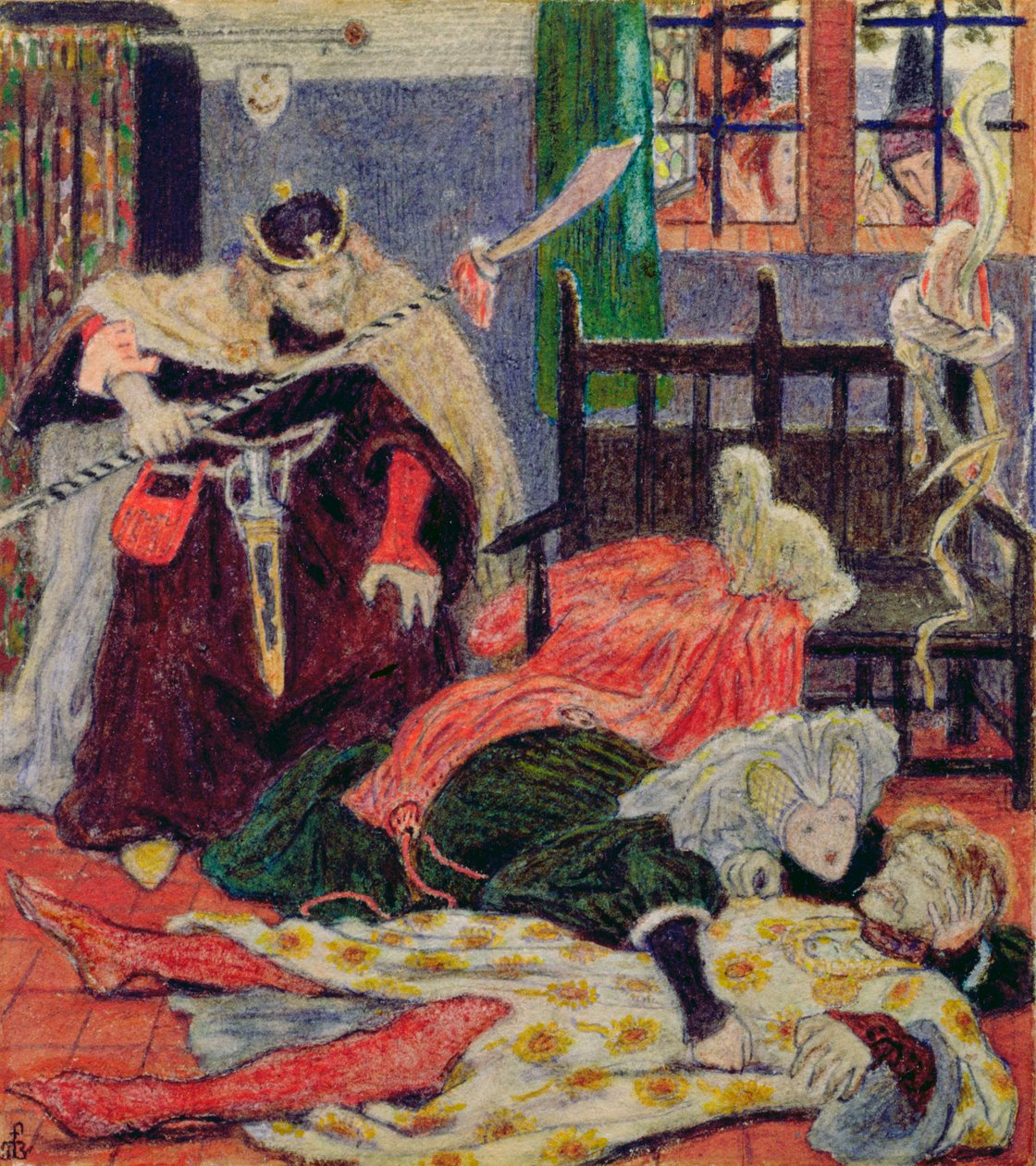 Sir Tristram halála, 1863 (wc és ceruza) alkotó: Ford Madox Brown