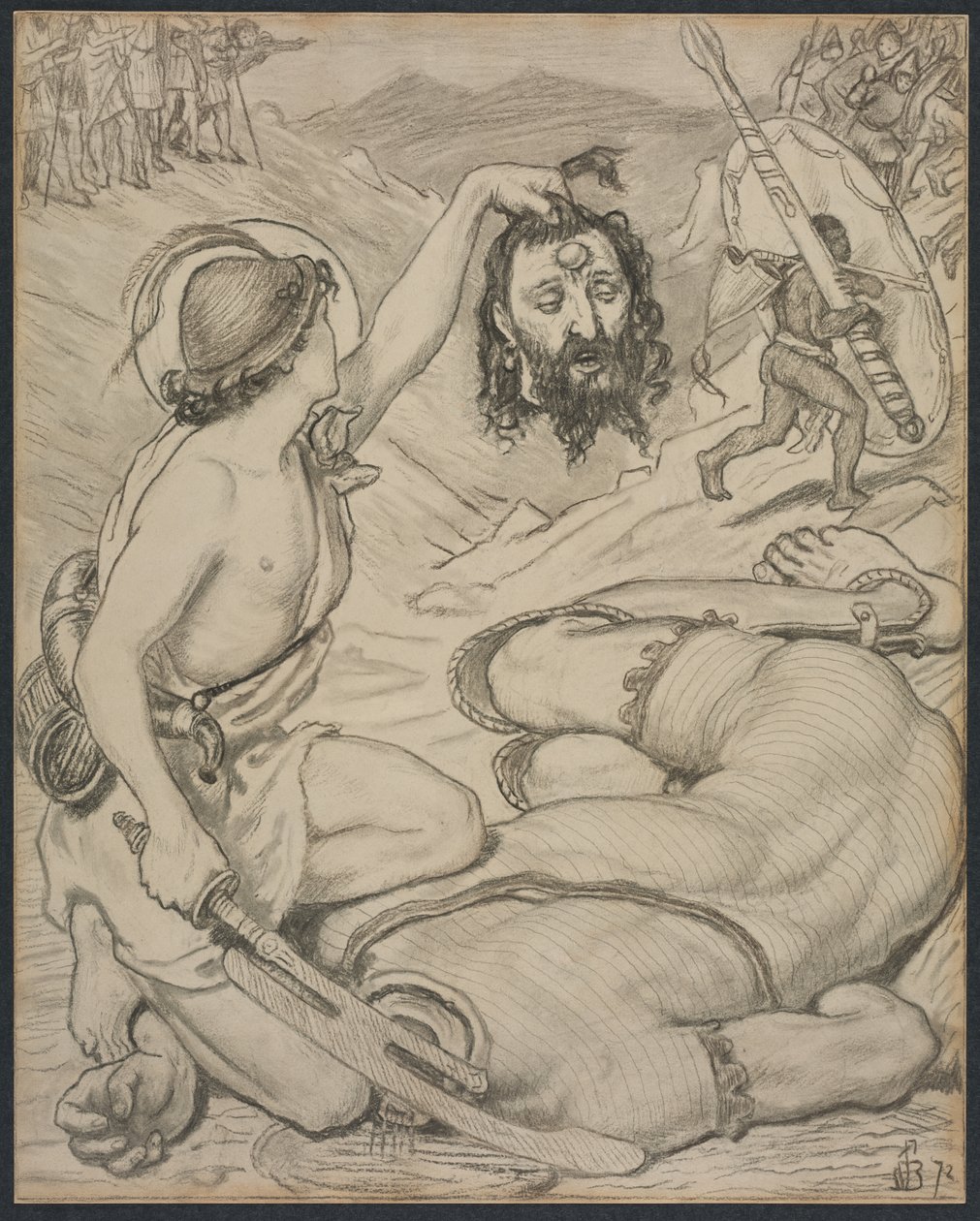 David és Góliát, rajzfilm ólomüveg ablakhoz a Jesus College-ban, Cambridge alkotó: Ford Madox Brown