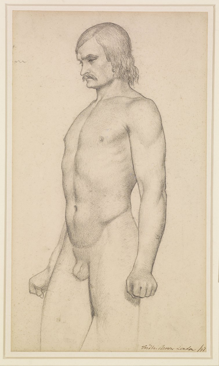 Férfi akt - Akadémiai tanulmány, háromnegyedes akt, bajusszal és ökölbe szorított ököllel alkotó: Ford Madox Brown