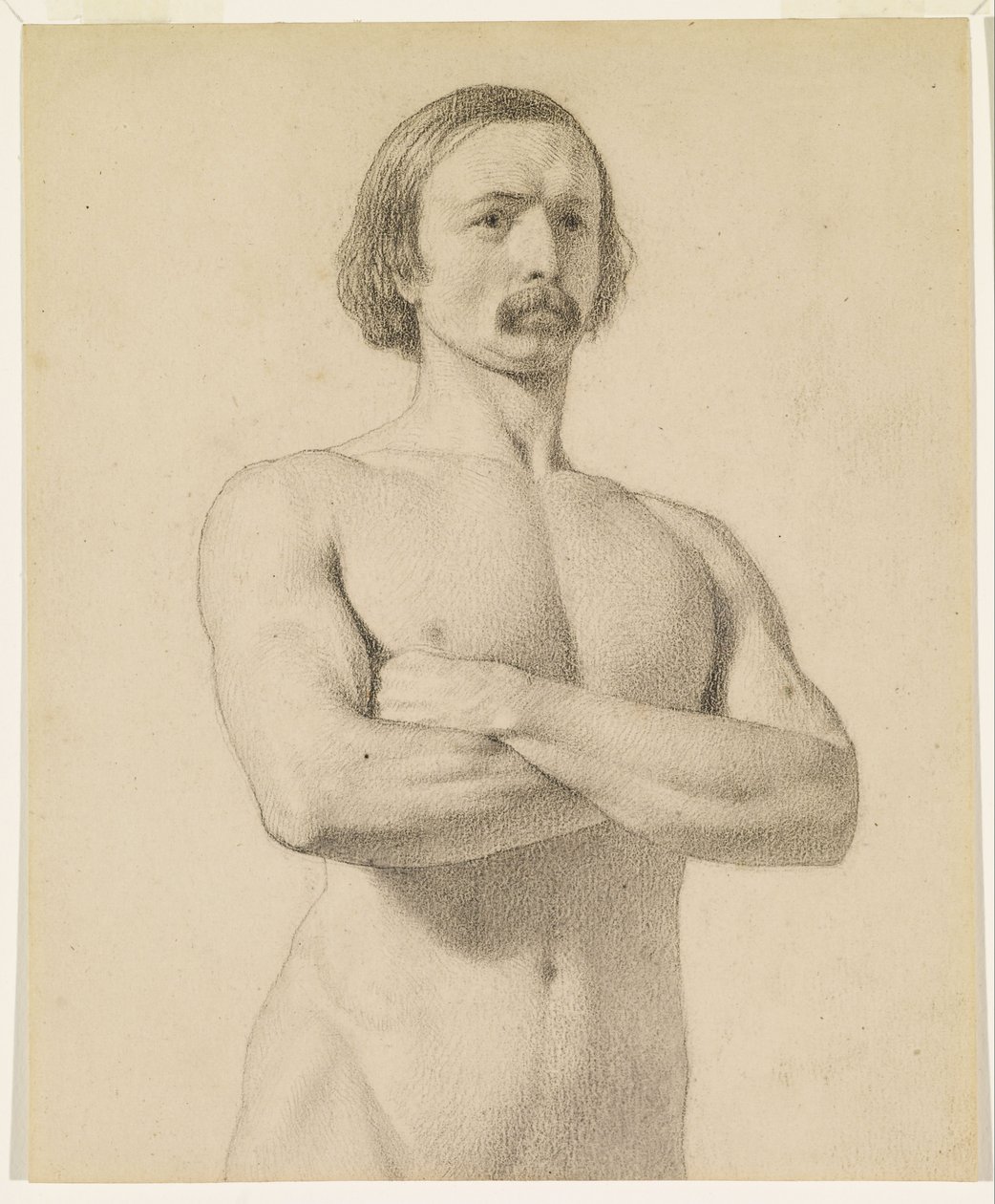 Férfi akt - Akadémiai akt tanulmány, félhosszú, bajusszal és összefont karokkal alkotó: Ford Madox Brown