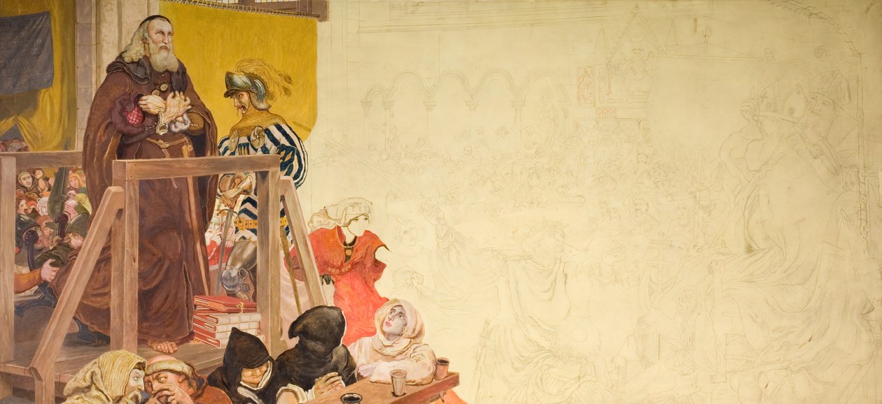 Wycliffe a tárgyalásán, 1893. alkotó: Ford Madox Brown