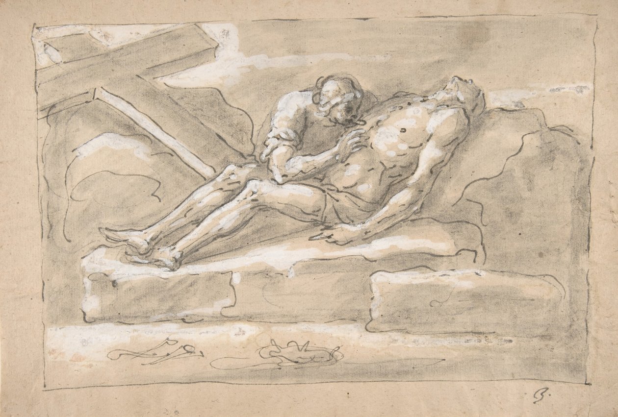 A halott Krisztus, akit a Magdolna gyászol, aki az oldalsérülését tiszteli., 1787-1863. alkotó: Fortunato Duranti