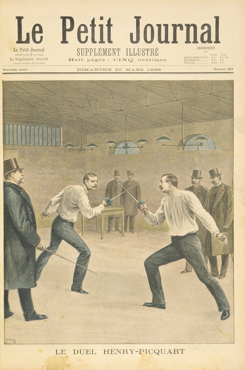 Címlap, amely a Henry-Picquart párbajt ábrázolja, a Dreyfus-ügyben a szembenálló tiszteket, illusztráció a Le Petit Journal illusztrált mellékletéből, 1898. március 20. alkotó: Fortune Louis Meaulle and Henri Meyer