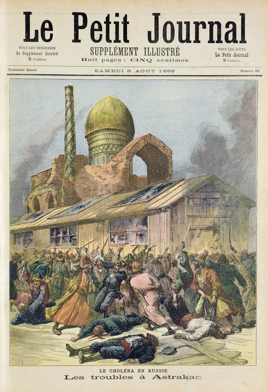 Címlap, amely az asztraháni bajokat ábrázolja az oroszországi kolera idején, illusztráció a Le Petit Journal illusztrált mellékletéből, 1892. augusztus 6. alkotó: Fortune Louis Meaulle and Henri Meyer