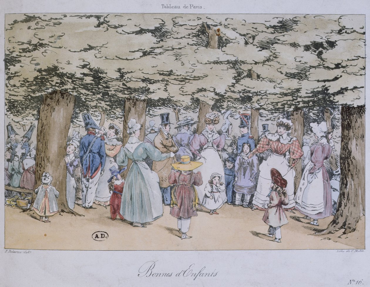 Gyermekek és dadusok a parkban, a Tableau de Paris sorozatból, metszett C. Motte, 1827 alkotó: Fortune Delarue