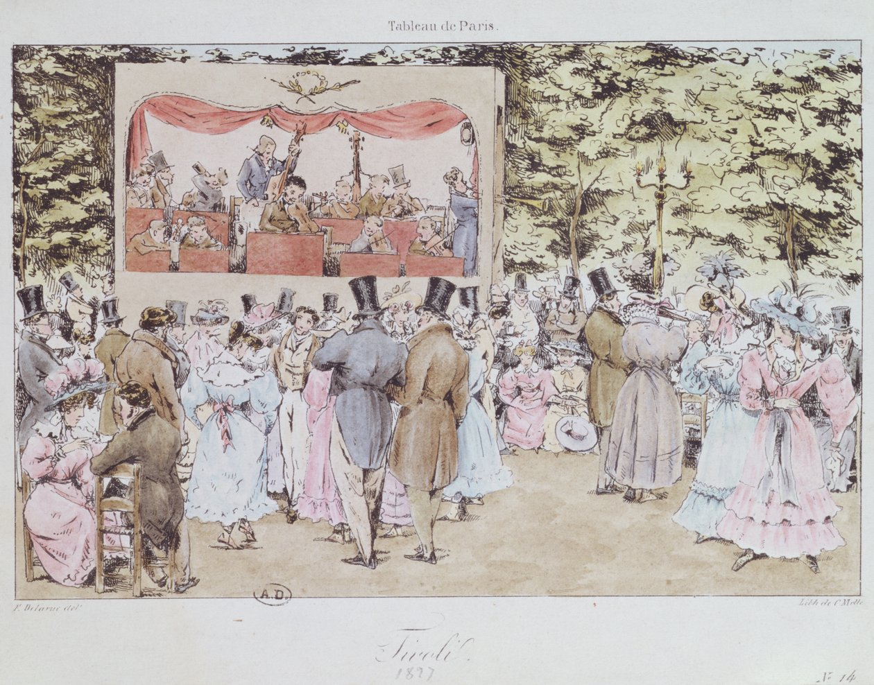 Zenés szórakozás a párizsi New Tivoli Gardensben, C. Motte metszetével, 1827 alkotó: Fortune Delarue