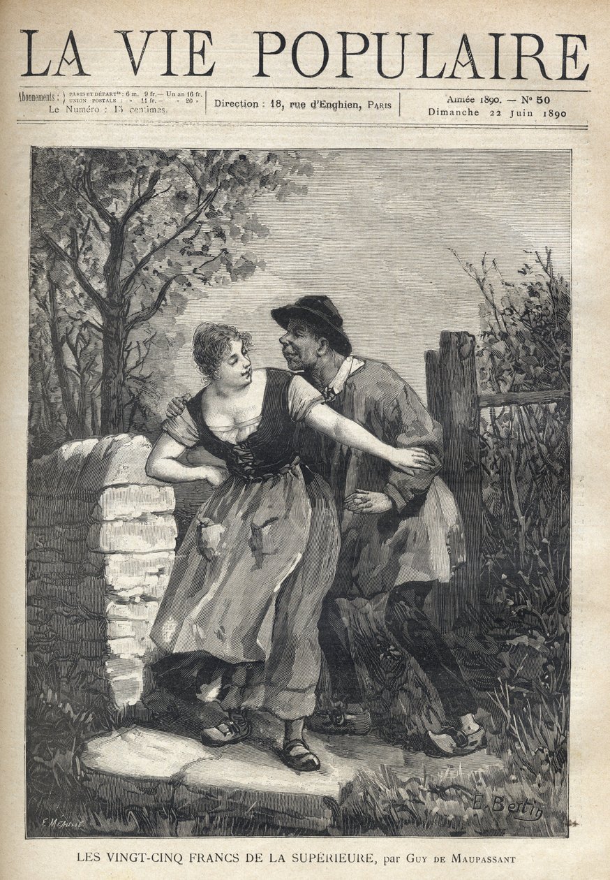 Pár paraszt, a blúzos és patás férfi mosolyogva és könnyeden ugrálta meg a fiatal nőt, aki hátralökte. E. Bertin illusztrációja: Guy de Maupassant (1850-1893). Fortune Meaulle metszete (184 alkotó: Fortune Louis Meaulle