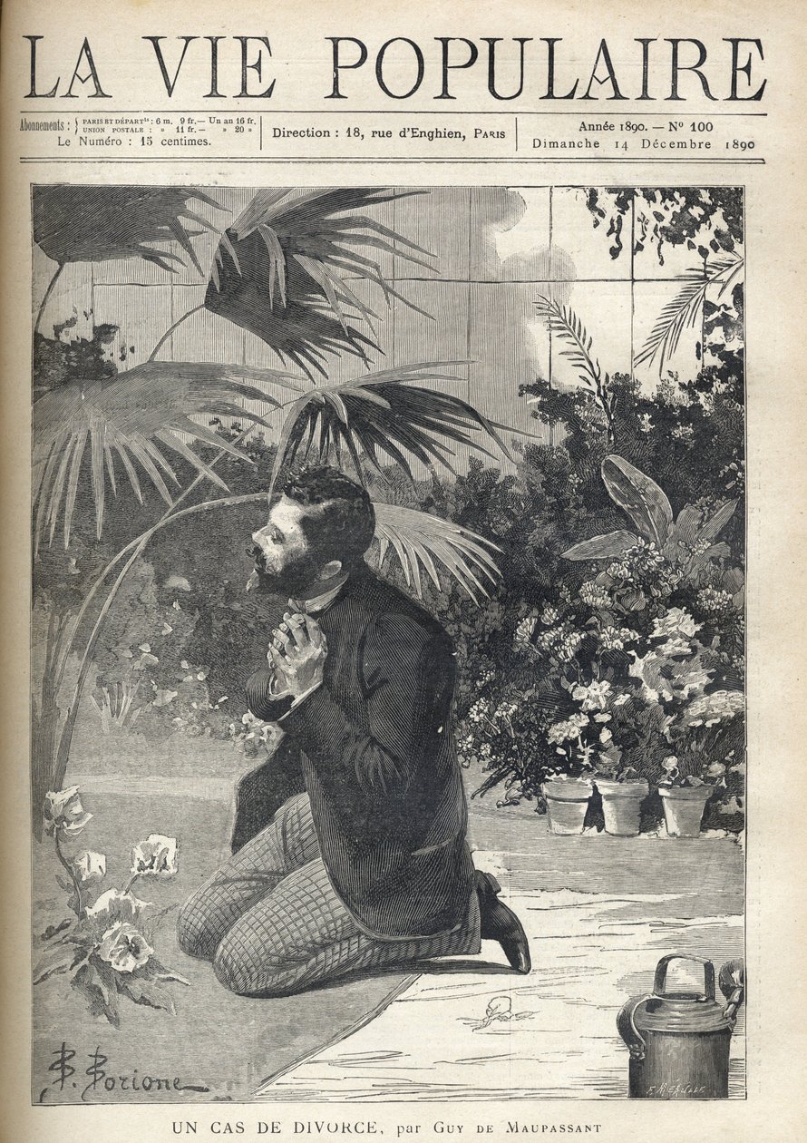 Egy kétségbeesett férfi térden állva imádkozik egy üvegházban. F. Meaulle illusztrációja B. Borione nyomán Guy de Maupassant (1850-1893) „A válás esetéhez”. Metszet 1890-ből a „La vie populaire” c. Magángyűjtemény alkotó: Fortune Louis Meaulle