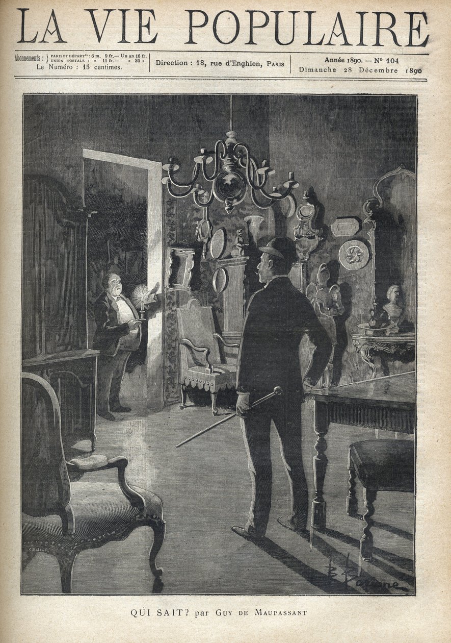 Egy férfi meglep egy betolakodót otthon az éjszaka közepén. F. Meaulle illusztrációja B. Borione után a „” Ki tudja? Guy de Maupassant (1850-1893). Metszet 1890-ből a „La vie populaire” c. Magángyűjtemény alkotó: Fortune Louis Meaulle