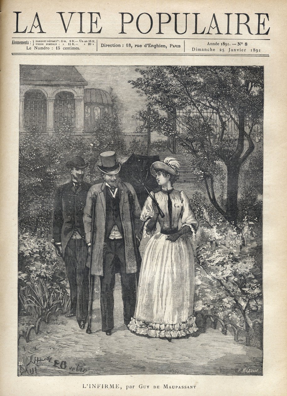 Egy bequilles férfi sétál egy elegáns fiatal nővel egy park sikátoraiban. Egy második férfi követi őket. Guy de Maupassant (1850-1893) Fortune Louis (Fortune-Louis) Meaulle illusztrációja a „” L