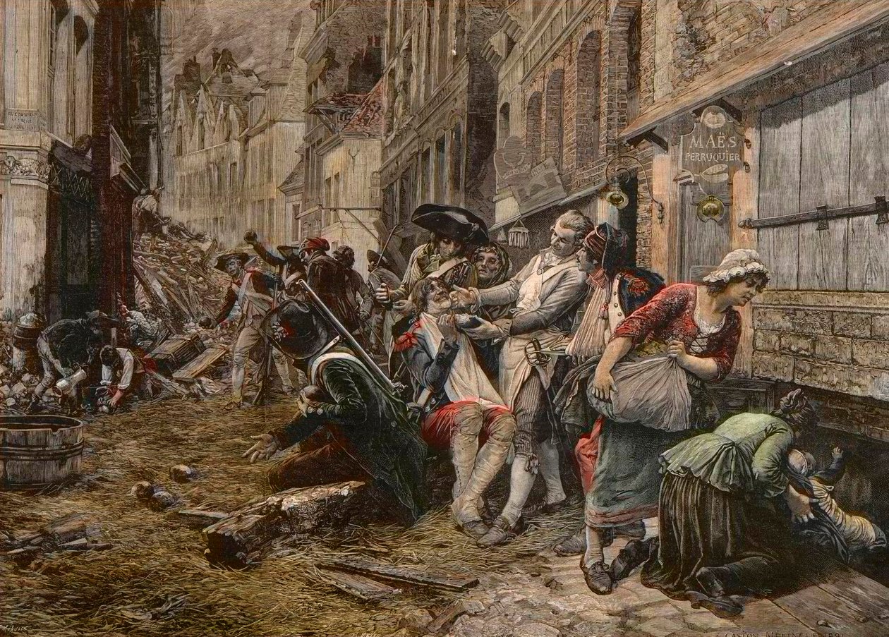 Egy ostromepizód Lille-ben, 1792. október – Lille ostroma 1792.: a paróka Maes egy bombahéjat használ szakálltálként, hogy leborotválja a klienst – Meaulle metszet Gaston Melingue festménye után alkotó: Fortune Louis Meaulle