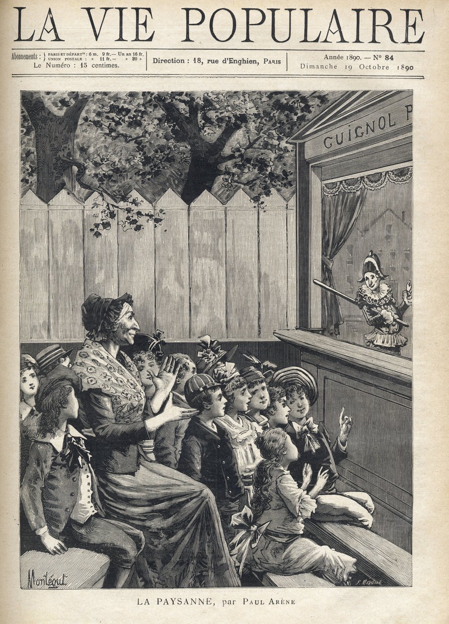 Egy nő egy gyerekcsoport közepén tapsol egy bábelőadásnak (Guignol). Montegut Fortune Meaulle illusztrációja Paul Arene (1843-1896) „A paraszt” számára. Metszet „La vie populaire” alkotó: Fortune Louis Meaulle