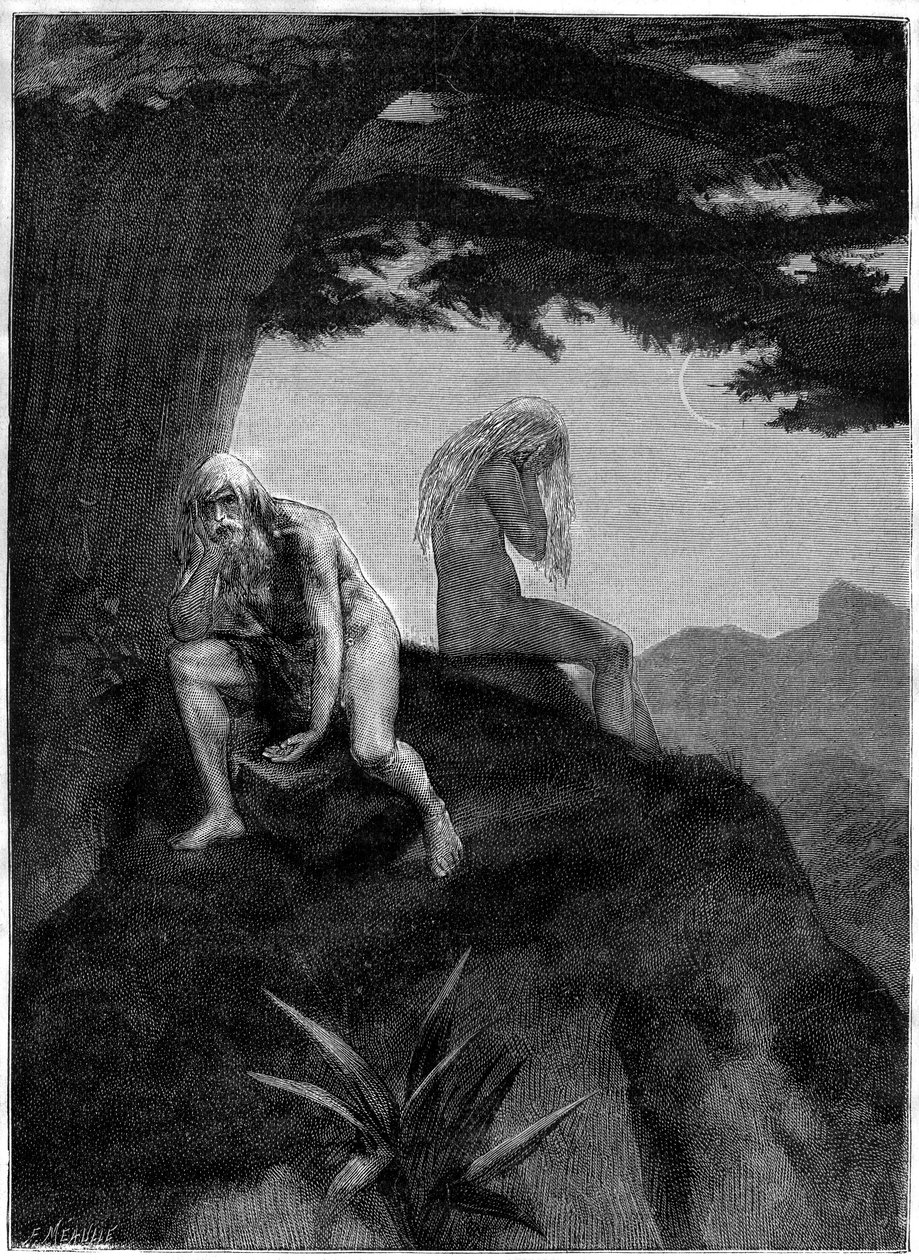 Ádám és Éva. Meaulle sírrajza, Victor Hugo "Les misheureux" című versének illusztrációja, a "Les contemplations" című gyűjteményben, Paul Ollendorff kiadása, 20. század eleje. alkotó: Fortune Louis Meaulle