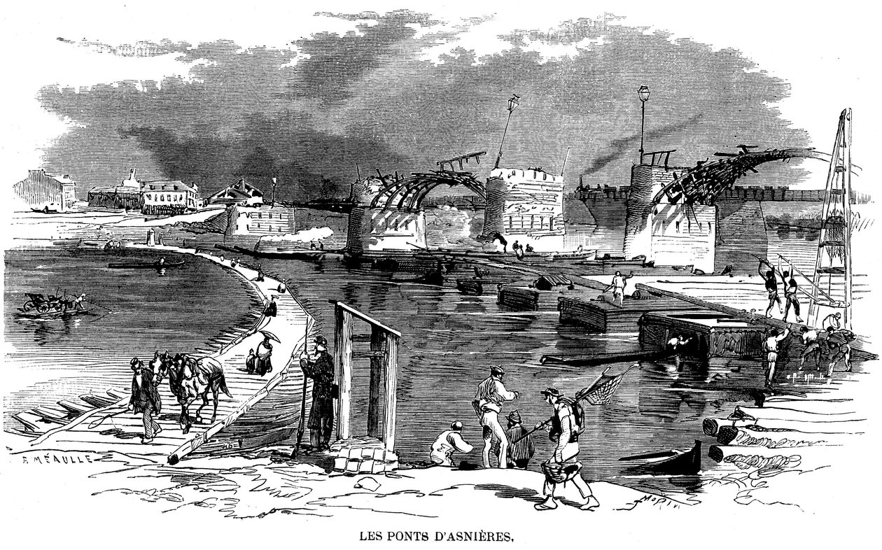Miután 1870-ben, Párizs ostroma alatt az asnieres-i híd leégett, egy csónakhíd (csónakhíd) épült - Meaulle metszetén (1870 körül), a híd mellett egy másik fa szerkezetet detruit - Commune de Paris -. alkotó: Fortune Louis Meaulle