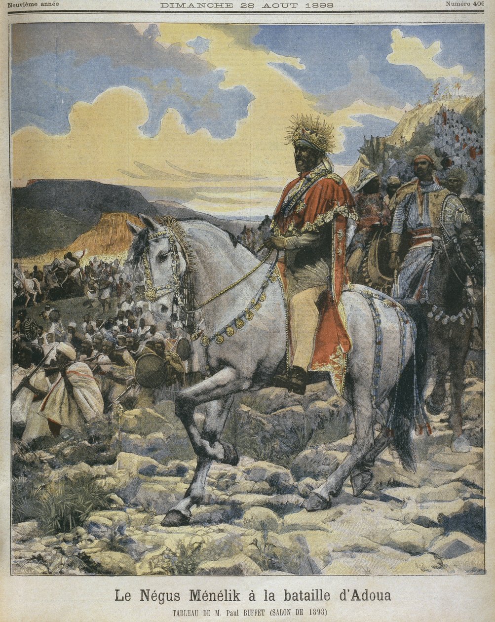 Az etiópiai Black, Menelik II (1844-1913) az adowai csatában, illusztráció a „Le Petit Journal”-ból, 1898. augusztus 28. (lásd még: 287689) alkotó: Fortune Louis Meaulle