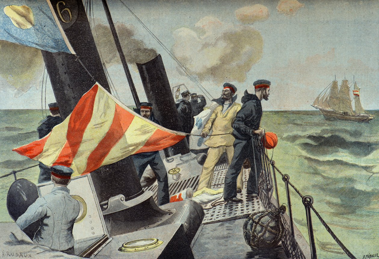 Egy spanyol kereskedelmi hajó elfoglalása, spanyol-amerikai háború 1898-ban (metszet) alkotó: Fortune Louis Meaulle