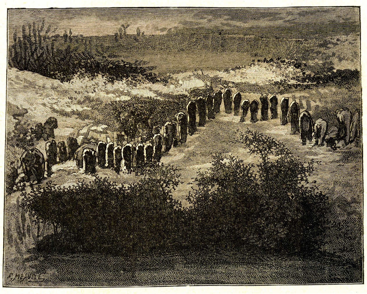 Carnac-i menhir-kiigazítások. Victor Hugo rajzát Meaulle sírja. Kivonat Hugo szövegéből (En voyage en Bretagne). alkotó: Fortune Louis Meaulle