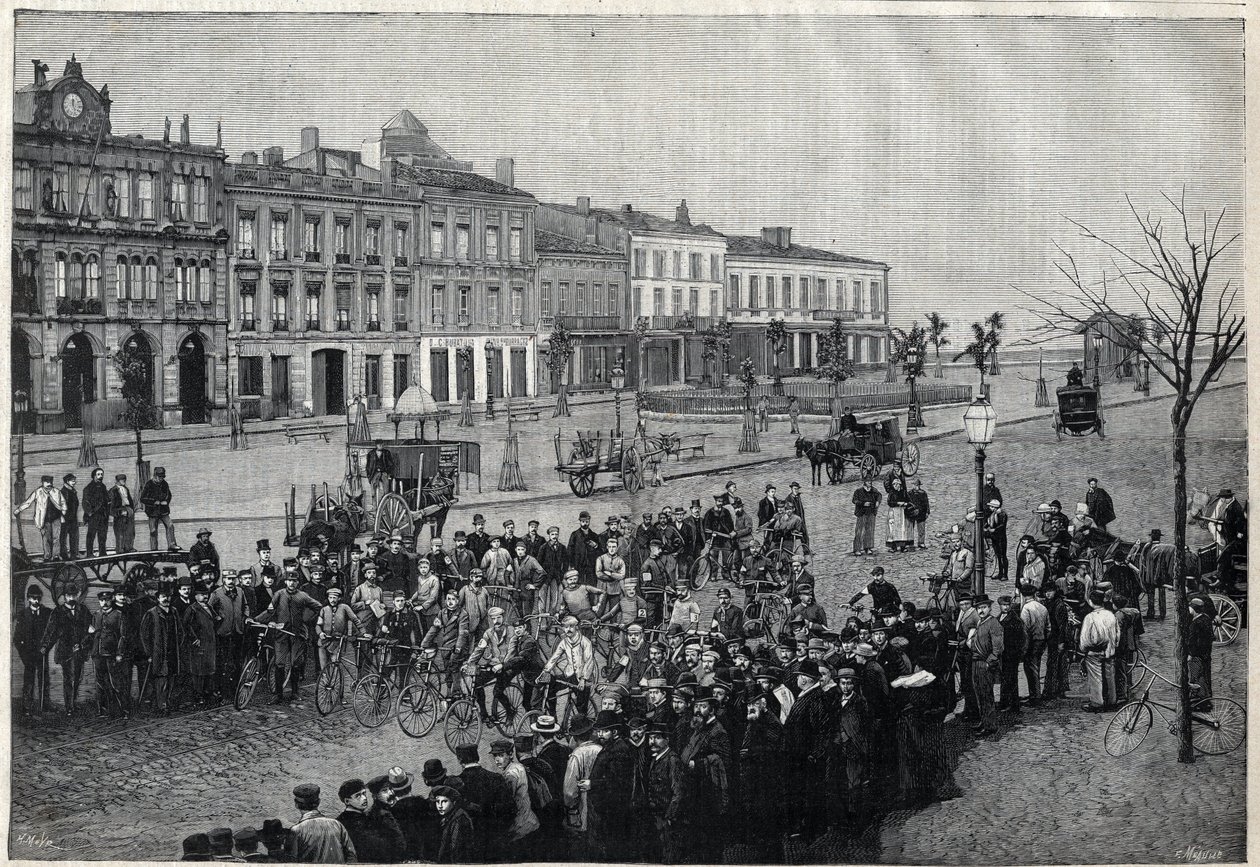Indulás a Bordeaux-Párizsból (Bordeaux Paris) kerékpárverseny 1891-ben - Meaulle 1891-es metszet alkotó: Fortune Louis Meaulle