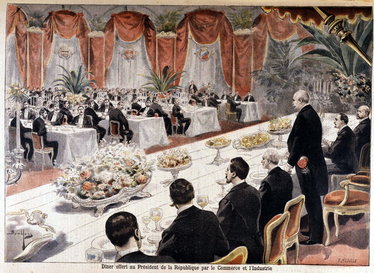 Vacsorát Felix Faure köztársasági elnöknek ajánlott fel a Kereskedelmi és Ipari részleg, „” Le petit Journal”” október 24. alkotó: Fortune Louis Meaulle