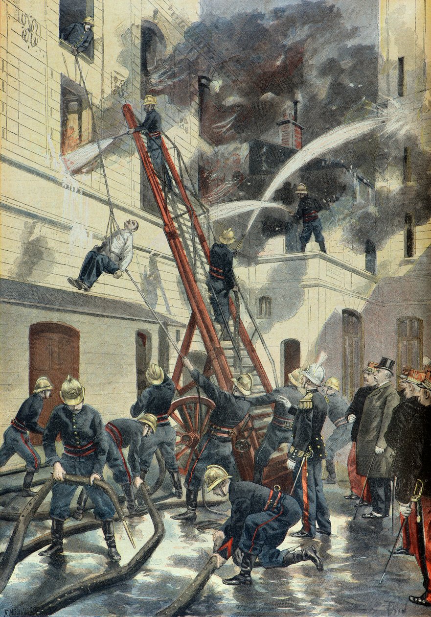 Felix Faure a párizsi tűzoltóság kiképzésén vesz részt 1898-ban (metszet) alkotó: Fortune Louis Meaulle