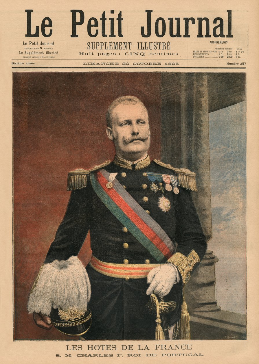 French Hosts, Őfelsége I. Carlos, Portugália királya, a „Le Petit Journal” első borítójának illusztrációja, Illustre, 1895. október 20. alkotó: Fortune Louis Meaulle