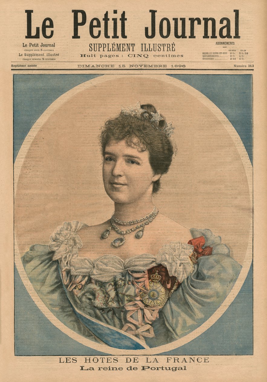 Francia házigazdák, Amelie portugál királynő (1865-1951) első borítójának illusztrációja a „Le Petit Journal”-ból, illustre-melléklet, 1896. november 15. alkotó: Fortune Louis Meaulle