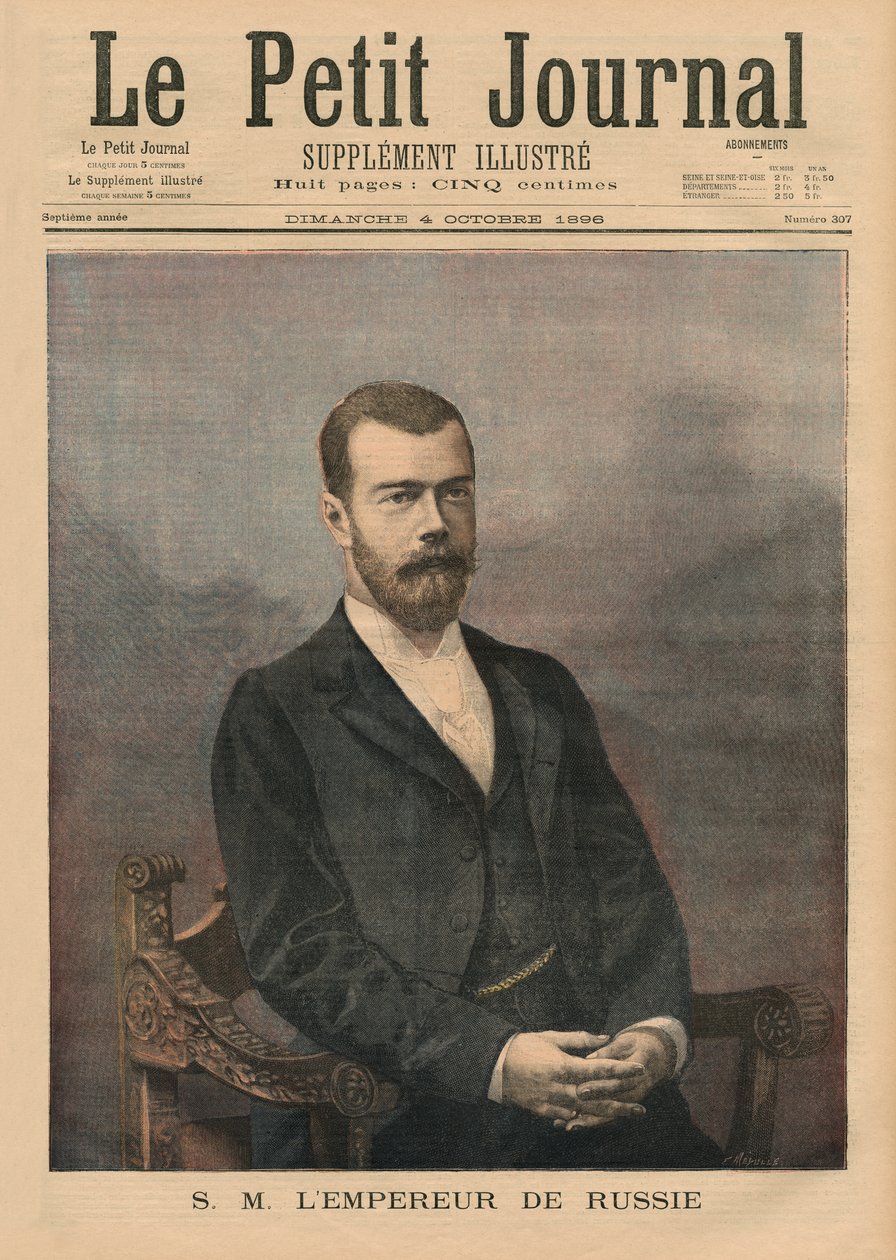Őfelsége II. Miklós orosz császár, a „Le Petit Journal” első borítójának illusztrációja, illustre-melléklet, 1896. október 4. (coulour litho) alkotó: Fortune Louis Meaulle