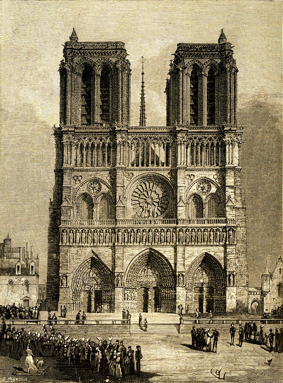 Notre-Dame de Paris (Notre-Dame) 1482-ben: nyugati homlokzat és parvis. F. Meaulle metszete, Viollet le Duc (Viollet-le-Duc) rajza alapján, amely Victor Hugo azonos című regényét illusztrálja, Ollendorff kiadás 20. század eleje. Balra lent, alkotó: Fortune Louis Meaulle