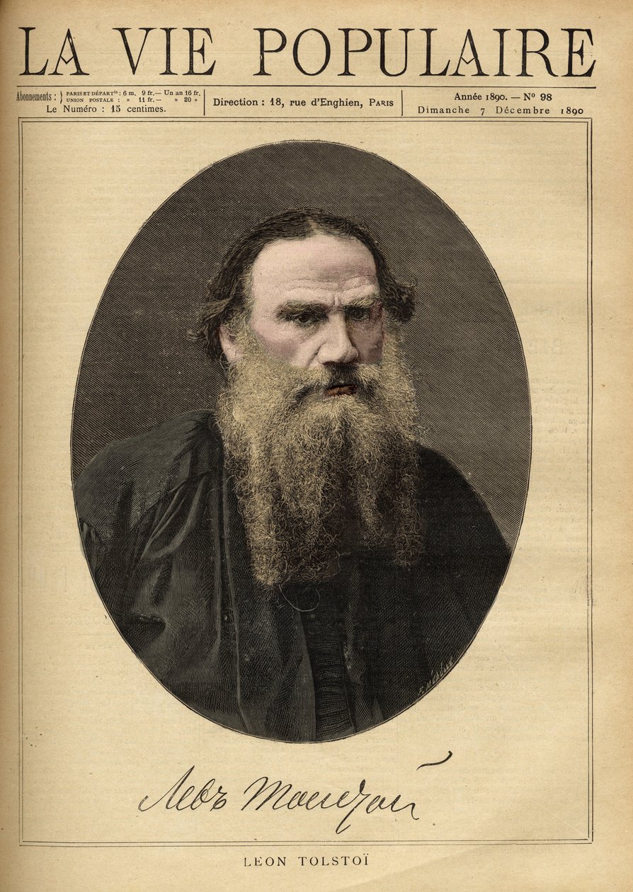 Leon Tolsztoj (1828-1910) orosz író portréja. Illusztráció: F. Meaulle. Metszet 1890-ből a „La vie populaire” c. Magángyűjtemény alkotó: Fortune Louis Meaulle